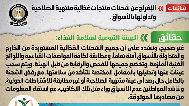 الحكومة تكشف حقيقة الإفراج عن شحنات منتجات غذائية منتهية الصلاحية وتداولها بالأسواق