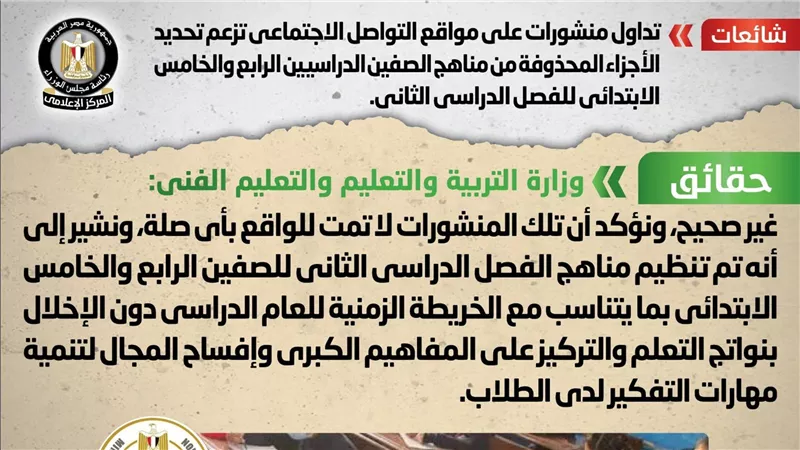 الحكومة تكشف حقيقة الأجزاء المحذوفة من مناهج الصفين الدراسيين الرابع والخامس الابتدائي 