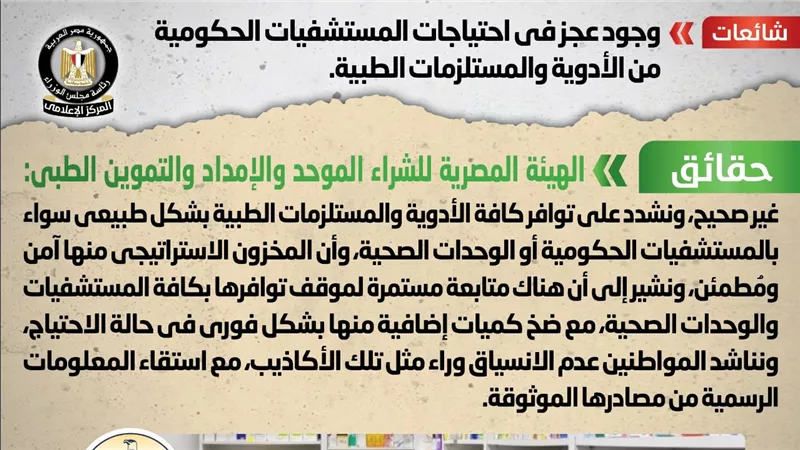 الحكومة تكشف حقيقة وجود عجز أدوية فى احتياجات المستشفيات الحكومية
