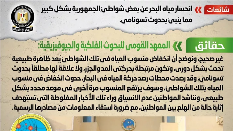 الحكومة تكشف حقيقة انحسار مياه البحر عن بعض شواطئ الجمهورية بشكل كبير مما ينبئ بحدوث تسونامي