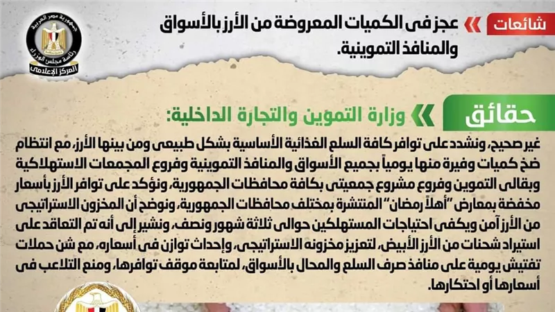الحكومة تكشف حقيقة عجز في الكميات المعروضة من الأرز بالأسواق والمنافذ التموينية