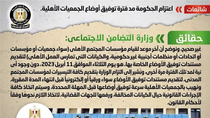 الحكومة تكشف حقيقة اعتزامها مد فترة توفيق أوضاع الجمعيات الأهلية