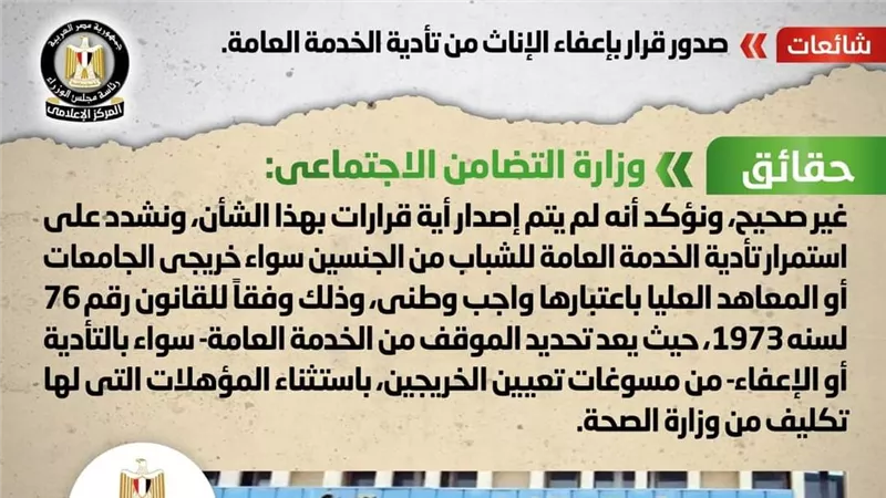 الحكومة تكشف حقيقة صدور قرار بإعفاء الإناث من تأدية الخدمة العامة