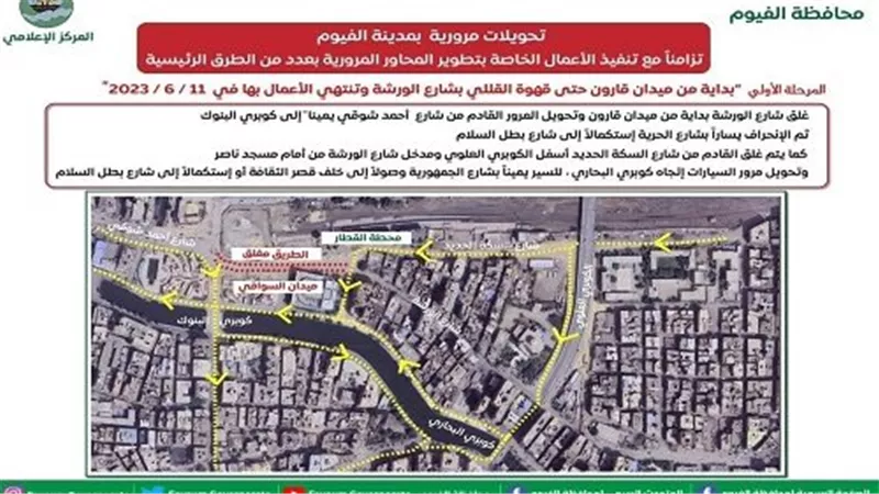 تزامناً مع اعمال تطوير المحاور المرورية.. إجراء تحويلات بشارع الورشة ومنطقة ميدان قارون 