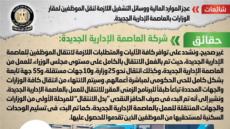 حقيقة عجز الموارد المالية لنقل الموظفين لمقار الوزارات بالعاصمة الإدارية 