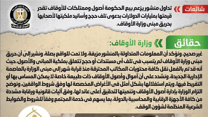 حقيقة بيع الحكومة أصول وممتلكات للأوقاف بدعوى تلف حجج وأسانيد ملكيتها