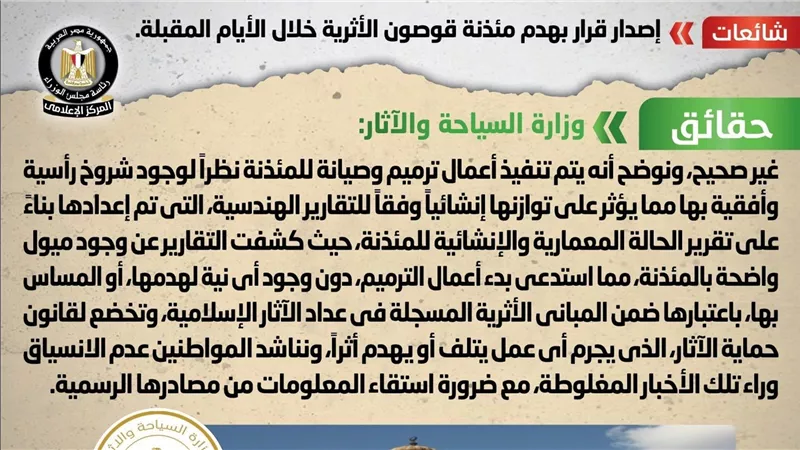 حقيقة إصدار قرار بهدم مئذنة قوصون الأثرية خلال الأيام المقبلة