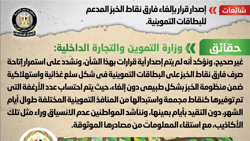 الحكومة تكشف حقيقة إصدار قرار بإلغاء فارق نقاط الخبز المدعم للبطاقات التموينية