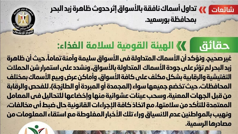 الحكومة تكشف حقيقة تداول أسماك نافقة بالأسواق إثر حدوث ظاهرة زبد البحر بمحافظة بورسعيد 