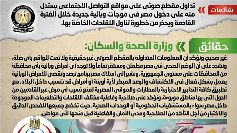 الحكومة تكشف حقيقة تداول مقطع صوتي يستدل منه على دخول مصر في موجات وبائية جديدة 