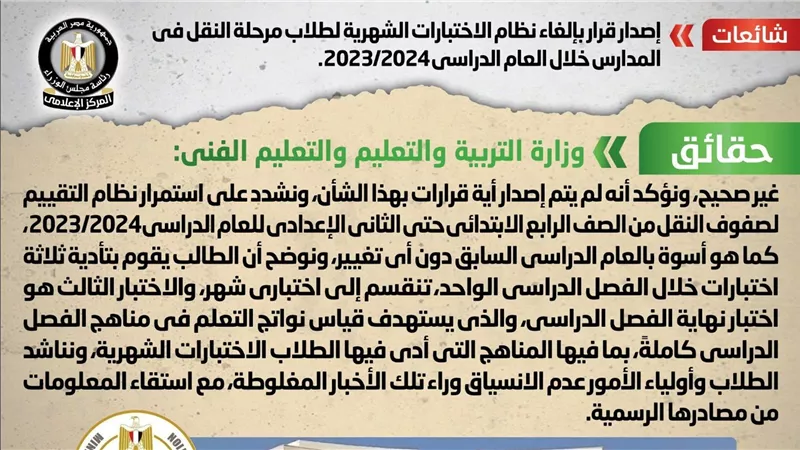 الحكومة تكشف حقيقة قرار بإلغاء نظام الاختبارات الشهرية لطلاب مرحلة النقل في المدارس 