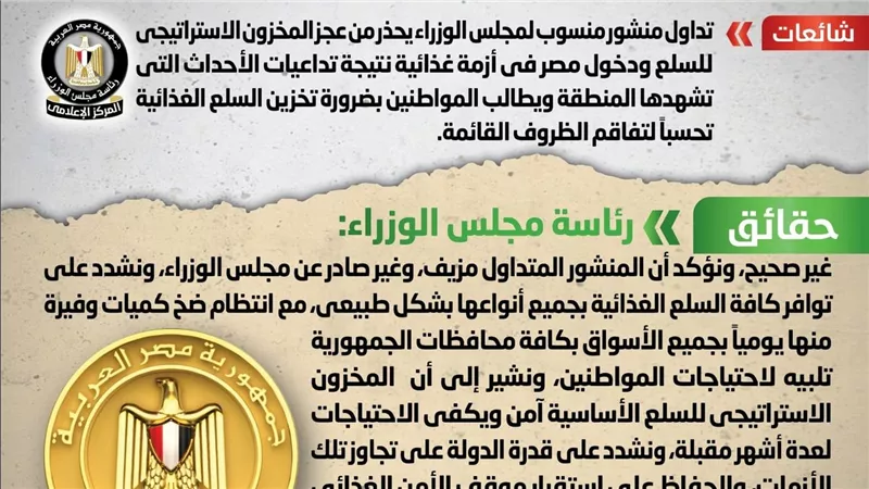 الحكومة تكشف حقيقة عجز المخزون الاستراتيجي للسلع ودخول مصر في أزمة غذائية