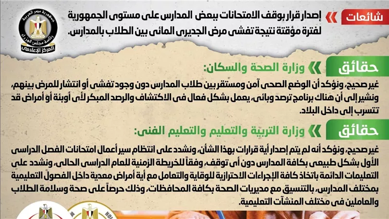الحكومة تكشف حقيقة وقف الامتحانات ببعض المدارس على مستوى الجمهورية لفترة مؤقتة