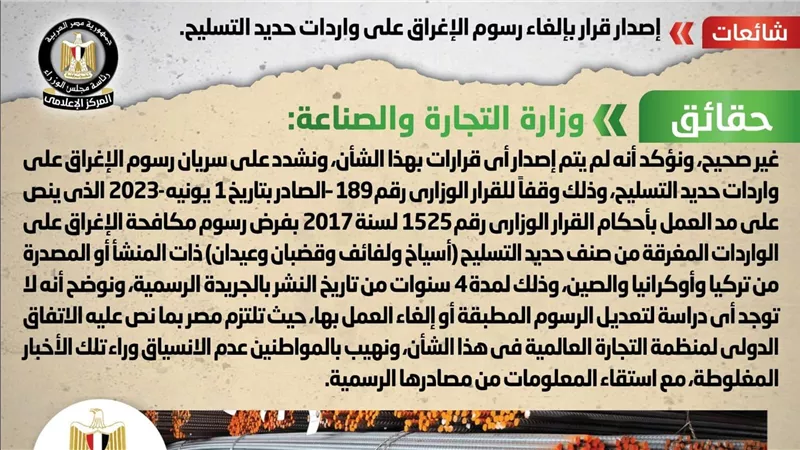 الحكومة تكشف حقيقة إصدار قرار إلغاء رسوم الإغراق على واردات حديد التسليح