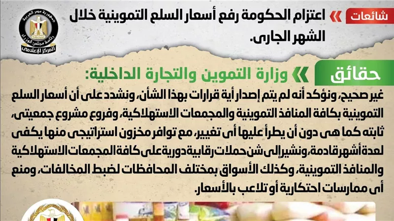 حقيقة رفع أسعار السلع التموينية خلال الشهر الجاري