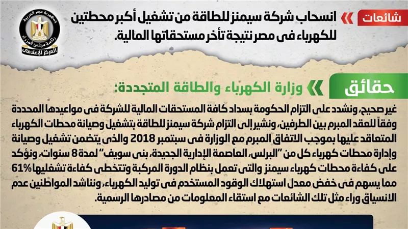 الحكومة: لا صحة لانسحاب سيمنز من تشغيل أكبر محطتين للكهرباء بمصر