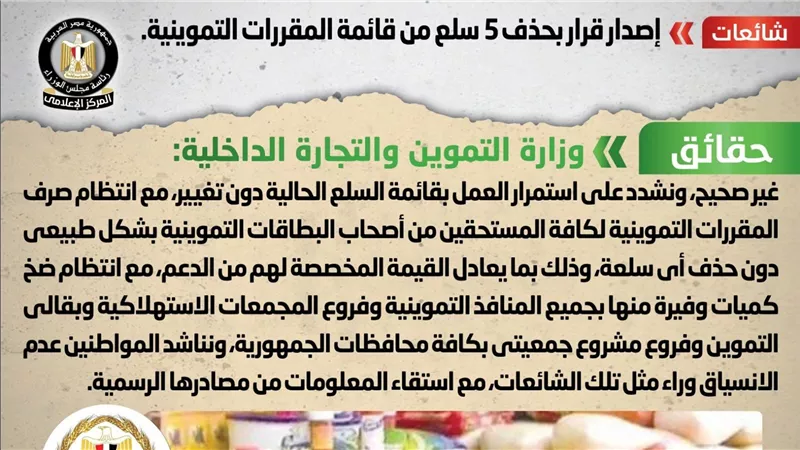 الحكومة تكشف حقيقة إصدار قرار بحذف 5 سلع من قائمة المقررات التموينية