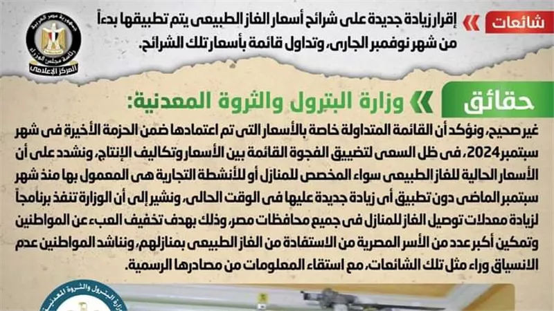 الحكومة تكشف حقيقة تطبيق زيادة جديدة على شرائح أسعار الغاز الطبيعي 
