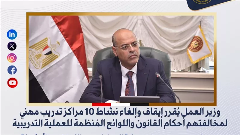 وزير العمل يُقرر إيقاف وإلغاء نشاط 10 مراكز تدريب مهني لمخالفتهم أحكام القانون 