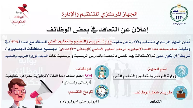 رئيس التنظيم والإدارة يعلن عن مسابقة لشغل (9354) وظيفة معلم مساعد مادة 